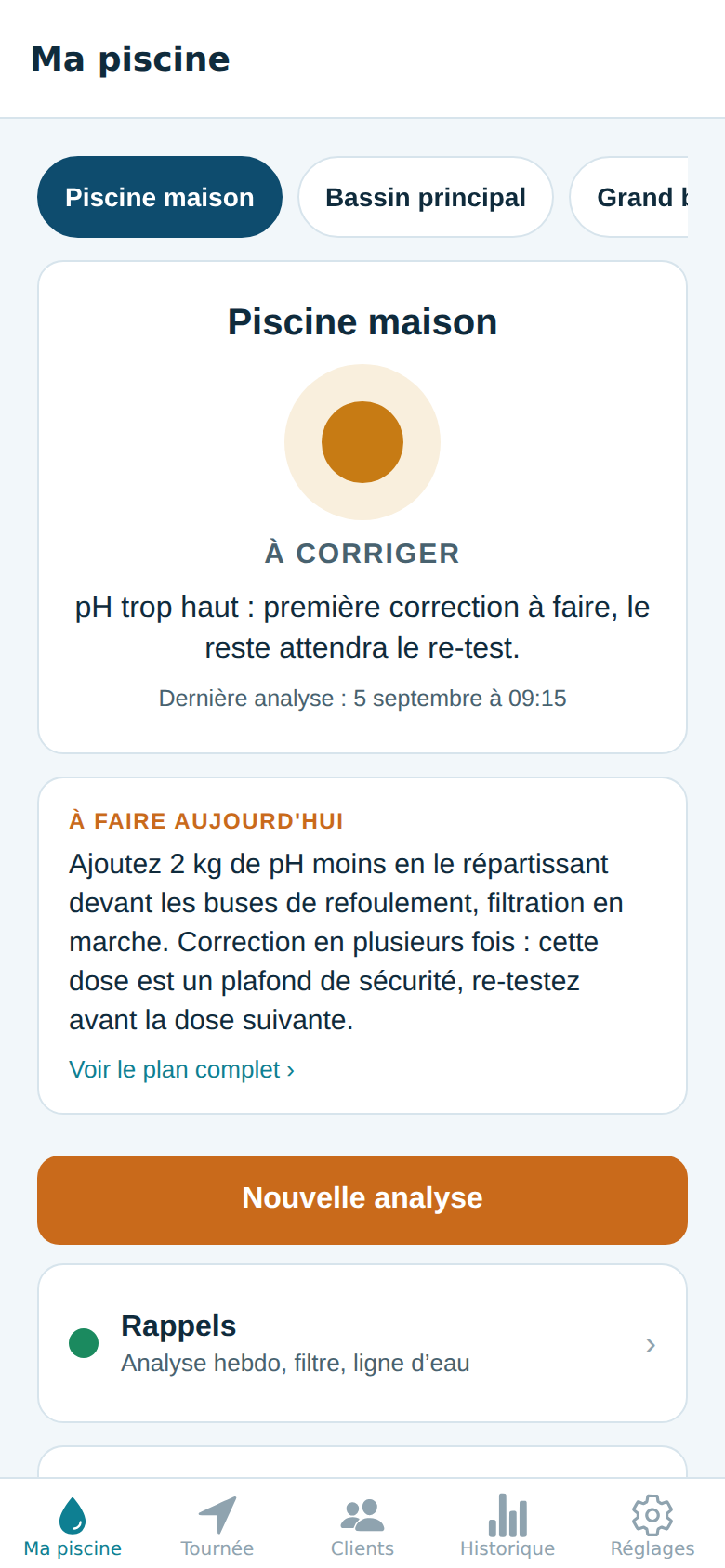 Écran d'accueil de Clapotis : la pastille d'état de l'eau et l'action à faire aujourd'hui